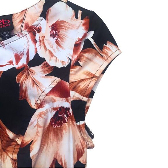 Bebe Peplum Top Blouse Small Dark Floral Cutout Black Pink Wine Short Sleeves - Picture 3 of 11